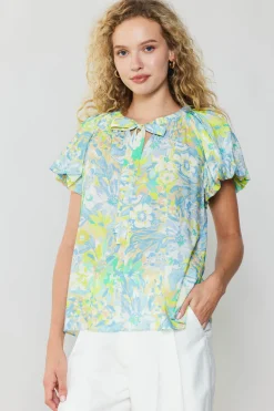 Clearance Abstract Floral Print Top Women Short Sleeve Tops