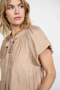 Hot Abstract Jacquard Tieneck Blouse Women Short Sleeve Tops