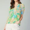 Sale Abstract Split Neck Blouse Women Short Sleeve Tops