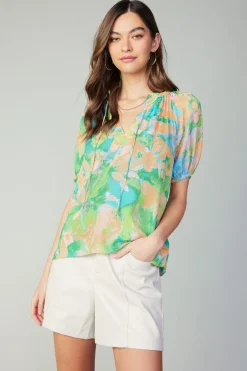 Sale Abstract Split Neck Blouse Women Short Sleeve Tops