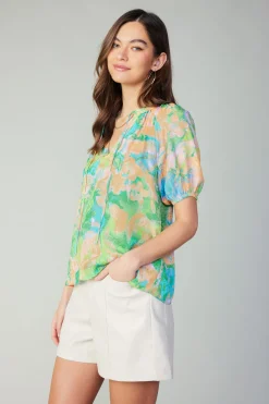 Sale Abstract Split Neck Blouse Women Short Sleeve Tops