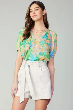 Sale Abstract Split Neck Blouse Women Short Sleeve Tops