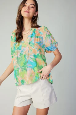 Sale Abstract Split Neck Blouse Women Short Sleeve Tops