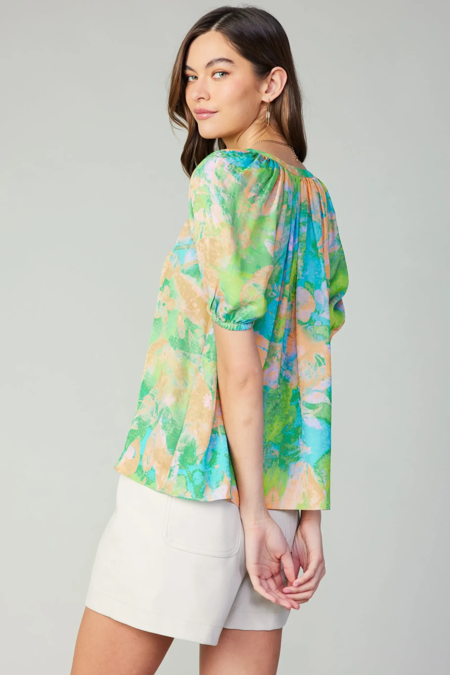 Sale Abstract Split Neck Blouse Women Short Sleeve Tops