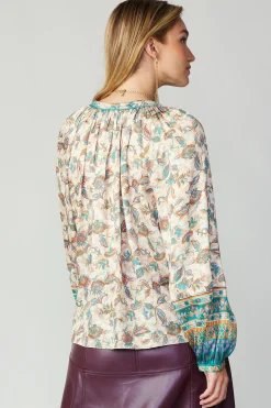 Outlet Autumnal Border Print Blouse Women Long Sleeve Tops