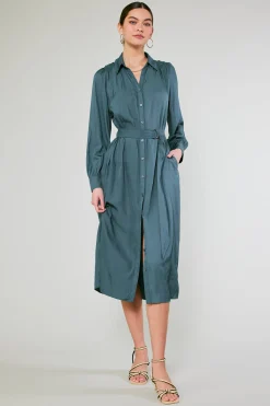 Fashion Belted Buttondown Shirt Dress Women Midi Dresses