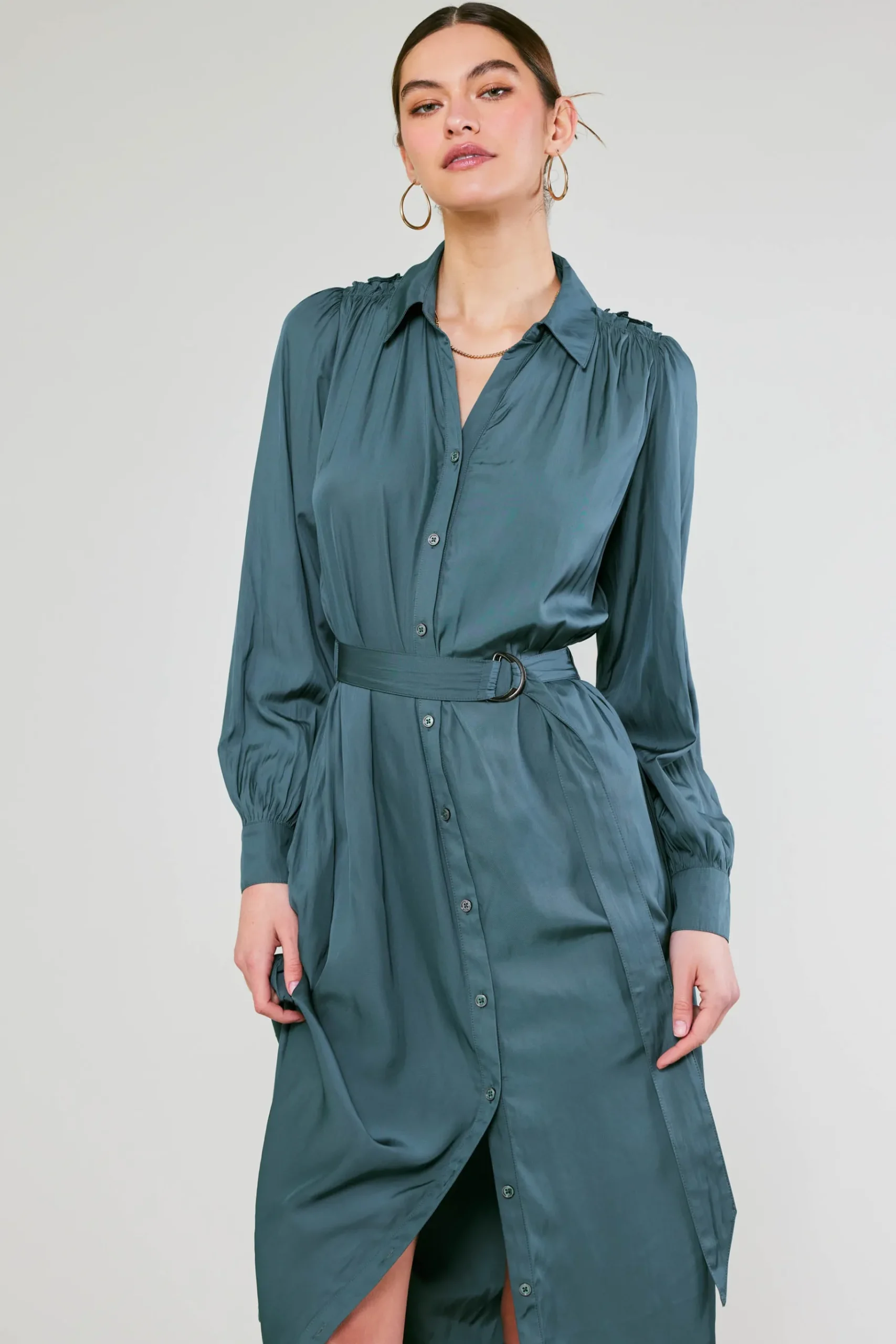 Fashion Belted Buttondown Shirt Dress Women Midi Dresses