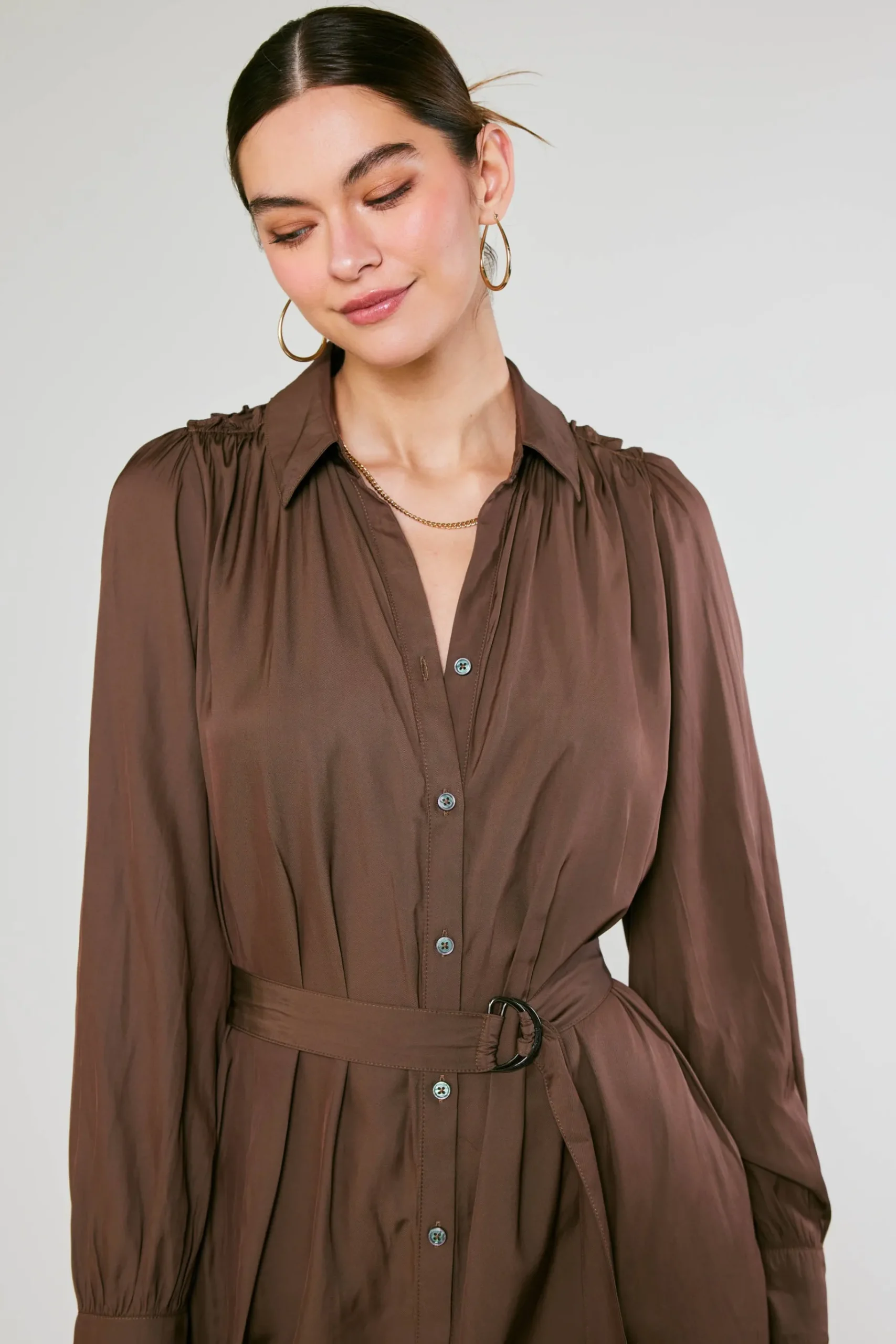 Clearance Belted Buttondown Shirt Dress Women Midi Dresses