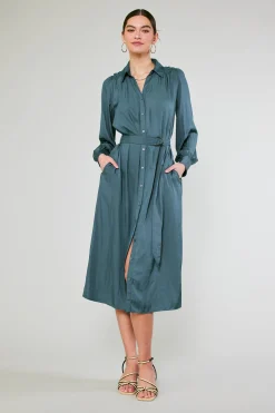 Fashion Belted Buttondown Shirt Dress Women Midi Dresses