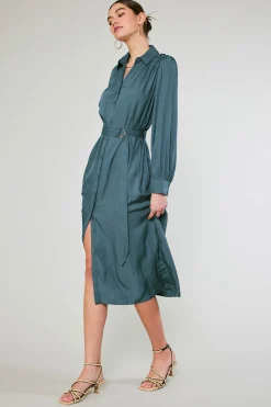 Fashion Belted Buttondown Shirt Dress Women Midi Dresses