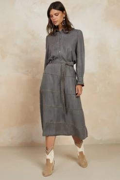 Clearance Belted Chambray Midi Skirt Women Skirts
