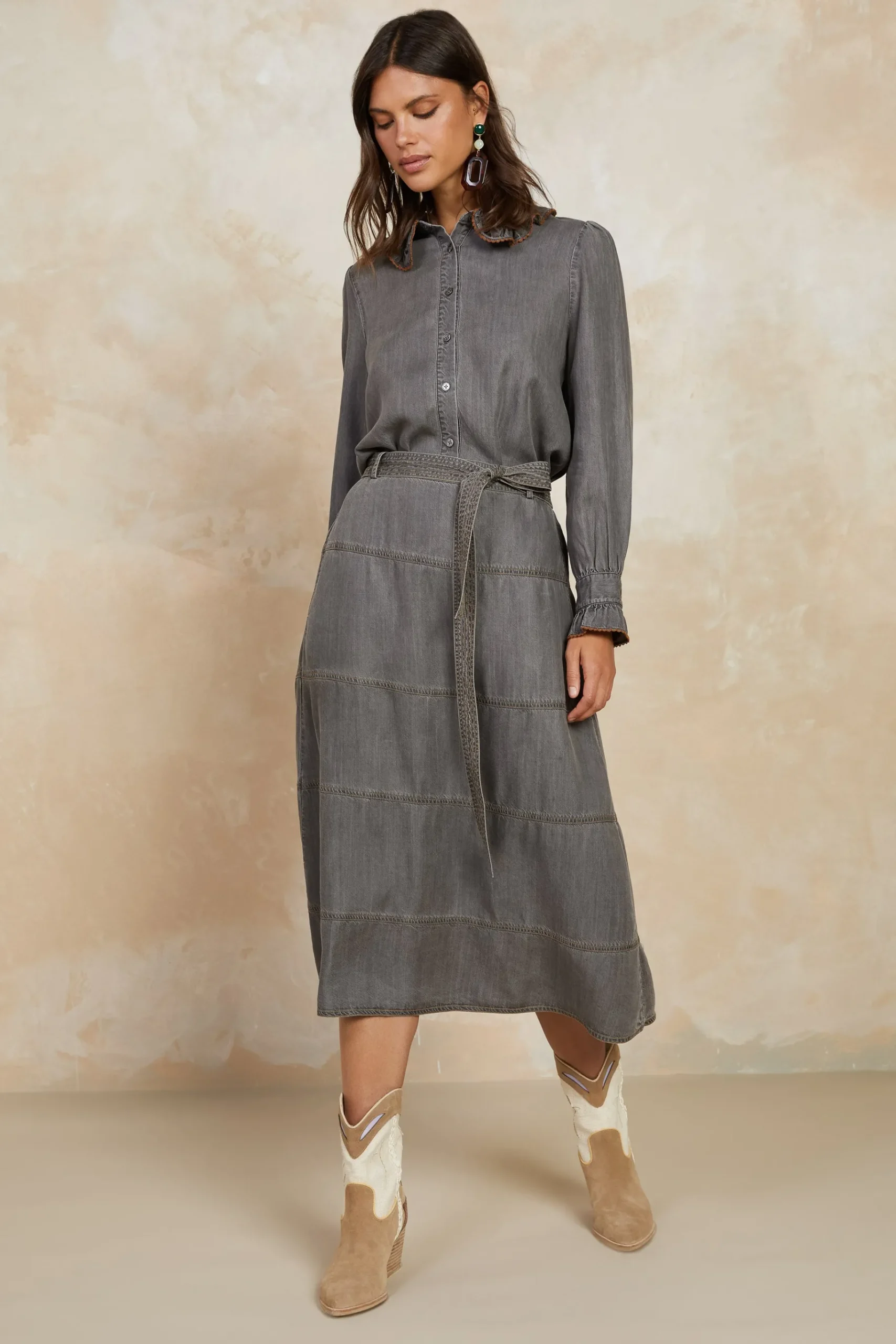 Clearance Belted Chambray Midi Skirt Women Skirts