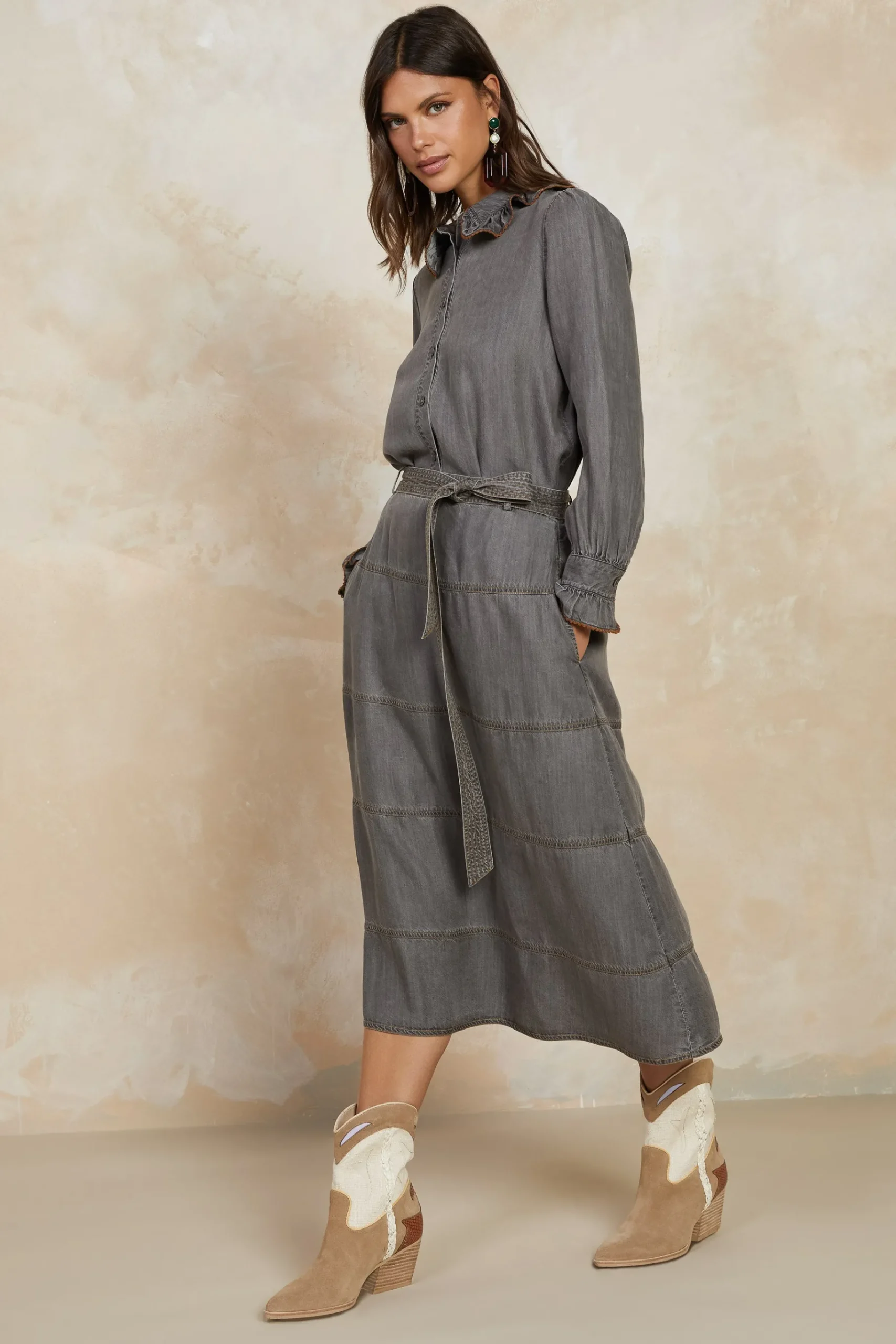 Clearance Belted Chambray Midi Skirt Women Skirts