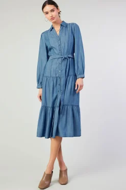 Clearance Belted Collar Shirt Dress Women Midi Dresses