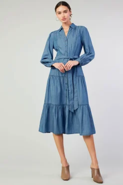 Clearance Belted Collar Shirt Dress Women Midi Dresses