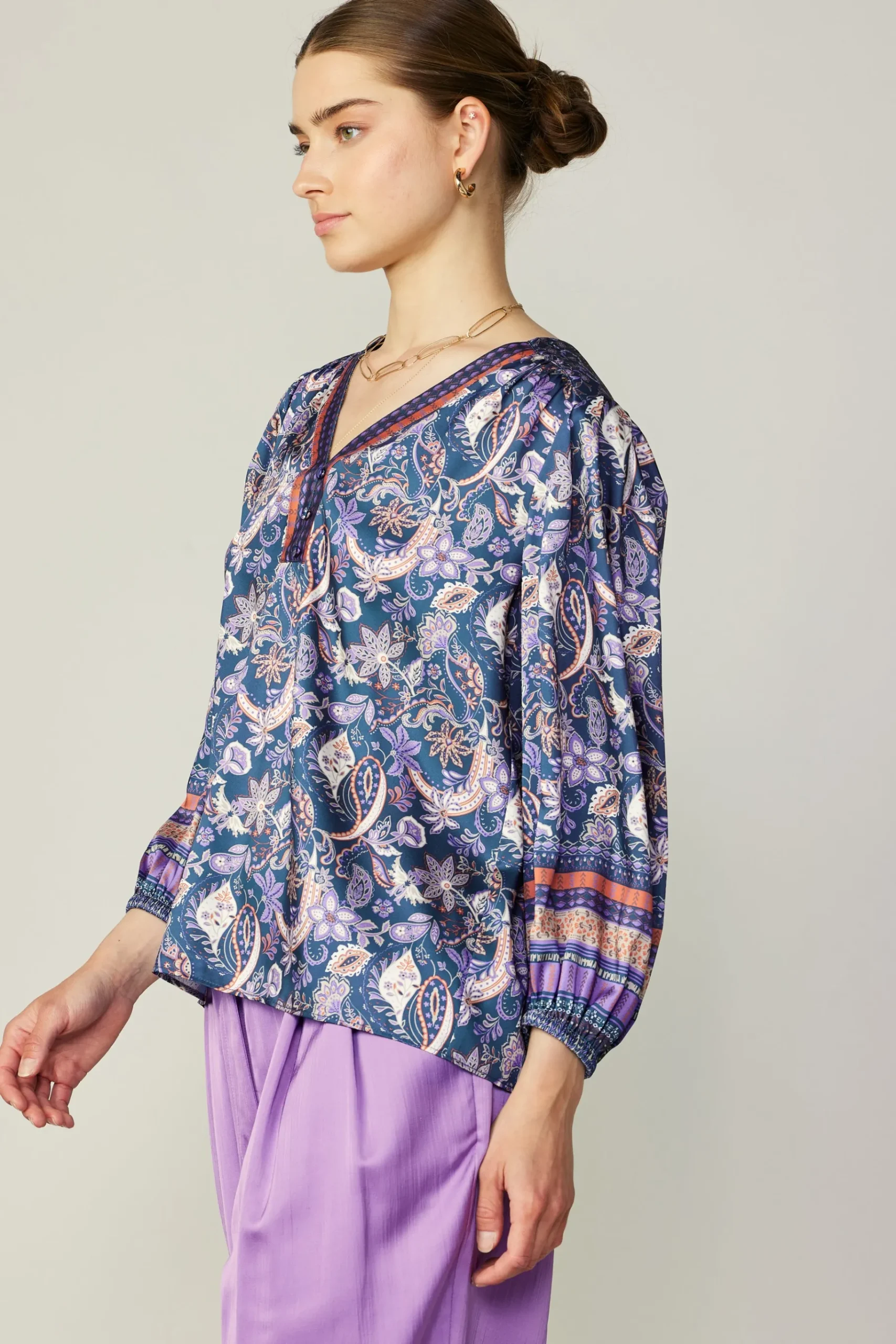Hot Border Print Paisley Top Women Long Sleeve Tops