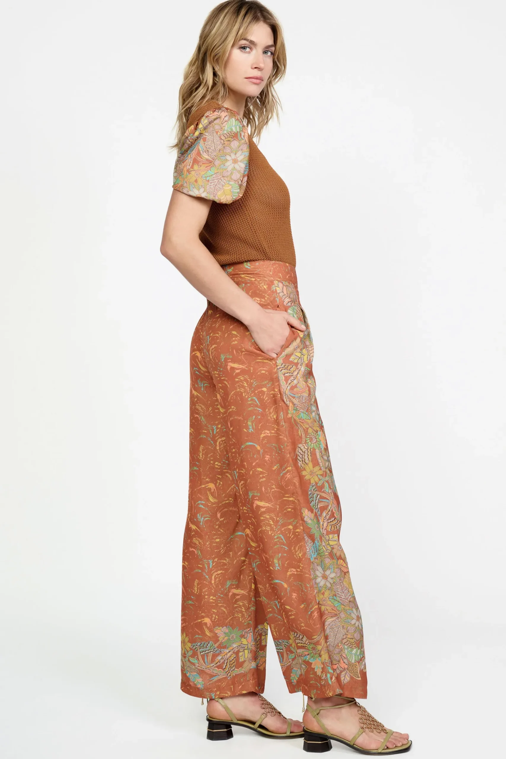 Online Border Print Retro Floral Pants Women Pants