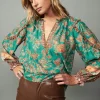 Online Border Ruffled Floral Blouse Women Long Sleeve Tops