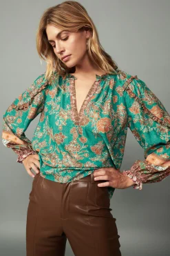 Online Border Ruffled Floral Blouse Women Long Sleeve Tops
