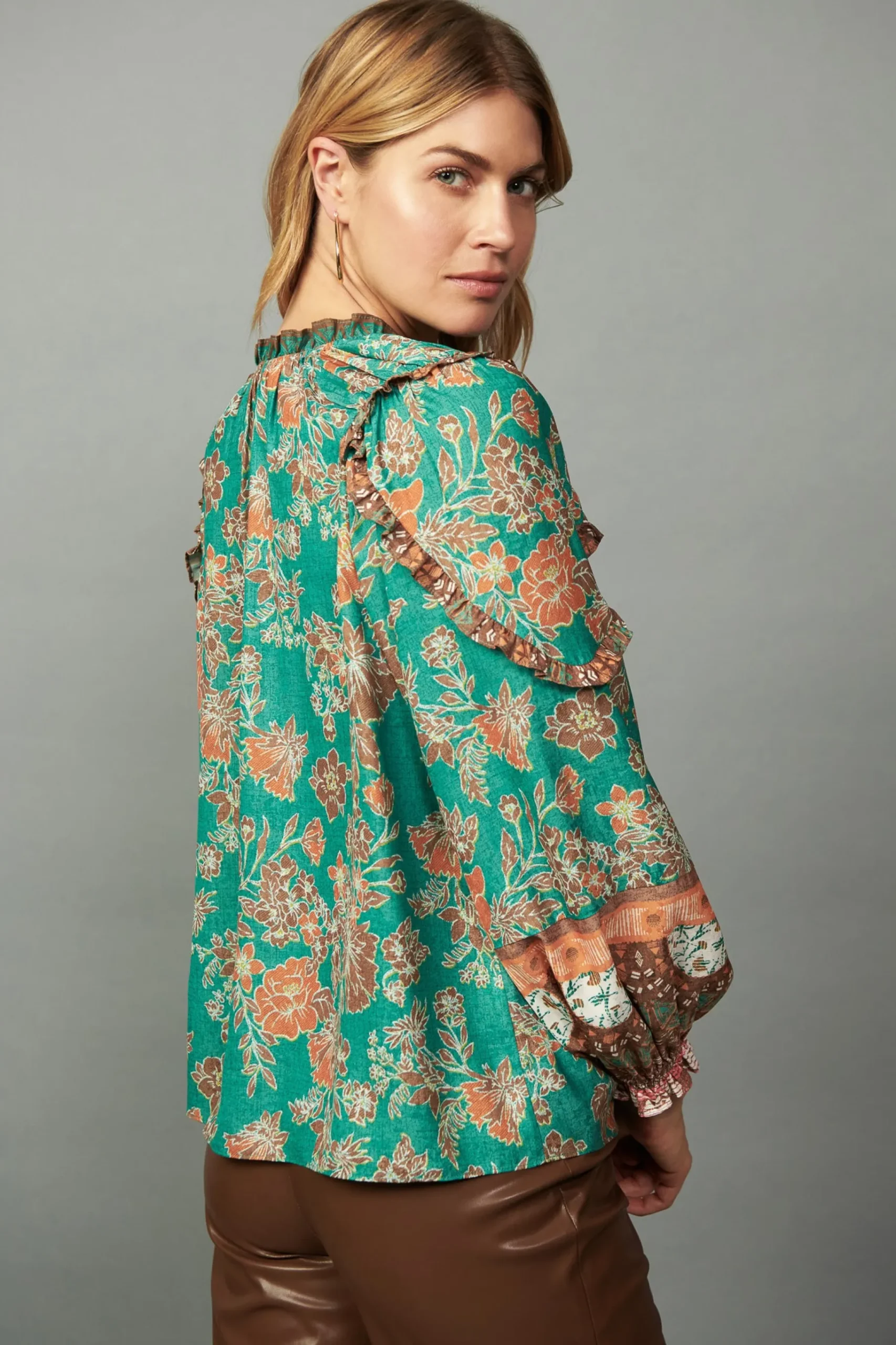 Online Border Ruffled Floral Blouse Women Long Sleeve Tops