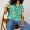 Outlet Bordered Floral Print Top Women Short Sleeve Tops