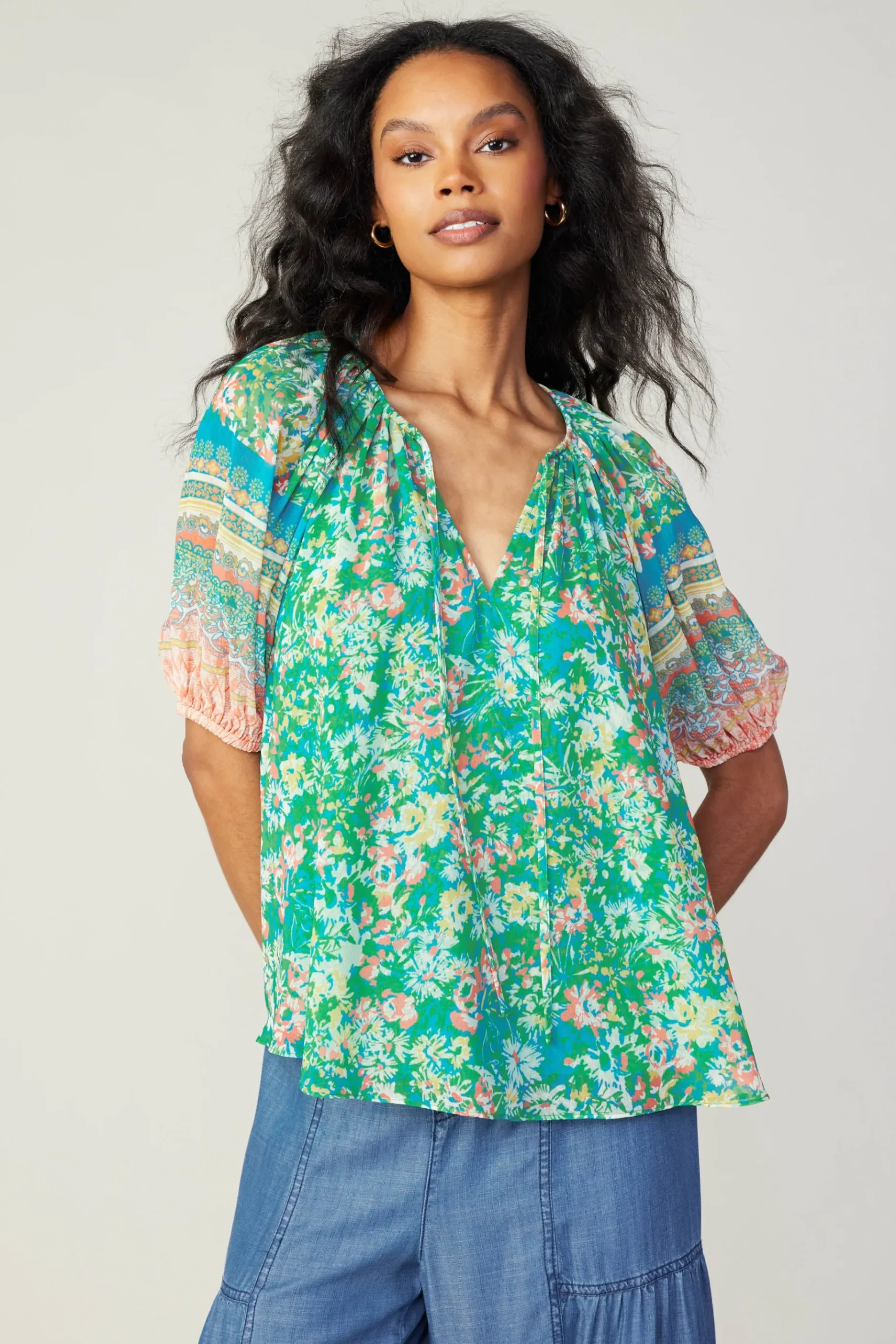 Outlet Bordered Floral Print Top Women Short Sleeve Tops