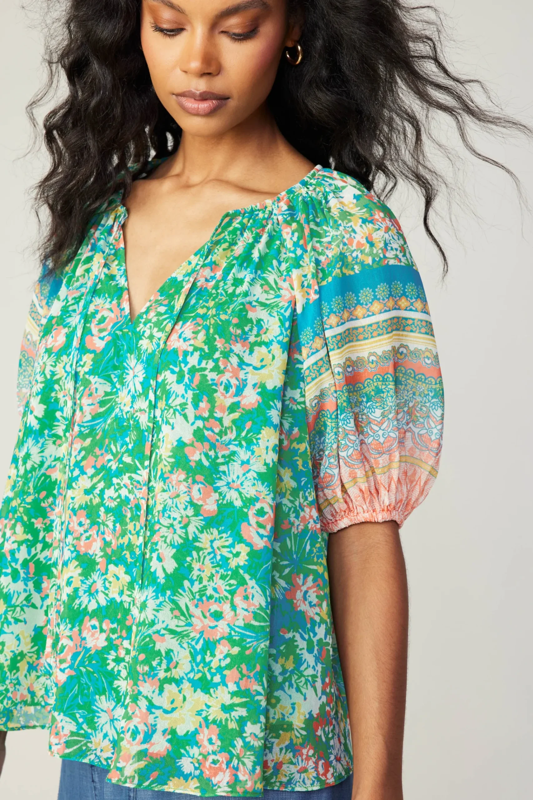 Outlet Bordered Floral Print Top Women Short Sleeve Tops