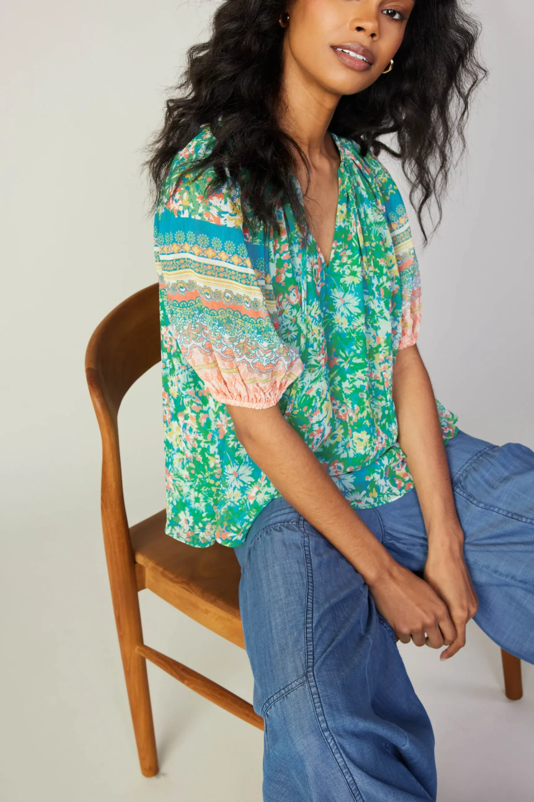 Outlet Bordered Floral Print Top Women Short Sleeve Tops
