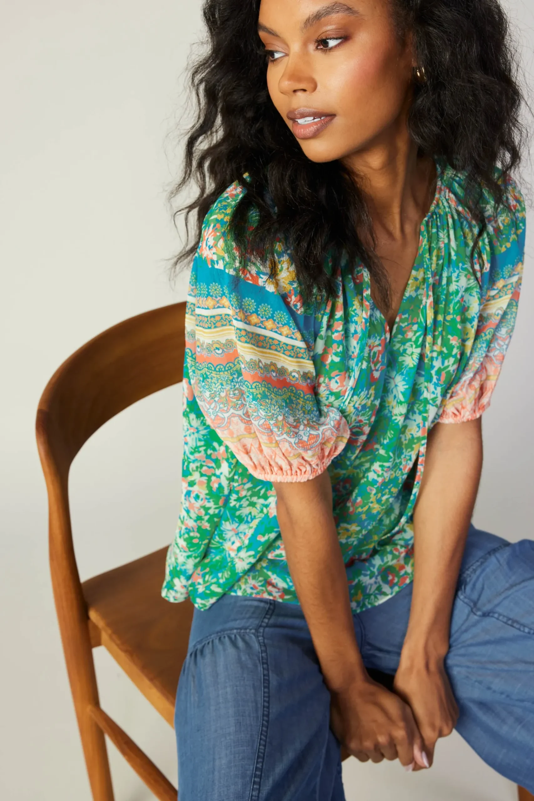 Outlet Bordered Floral Print Top Women Short Sleeve Tops