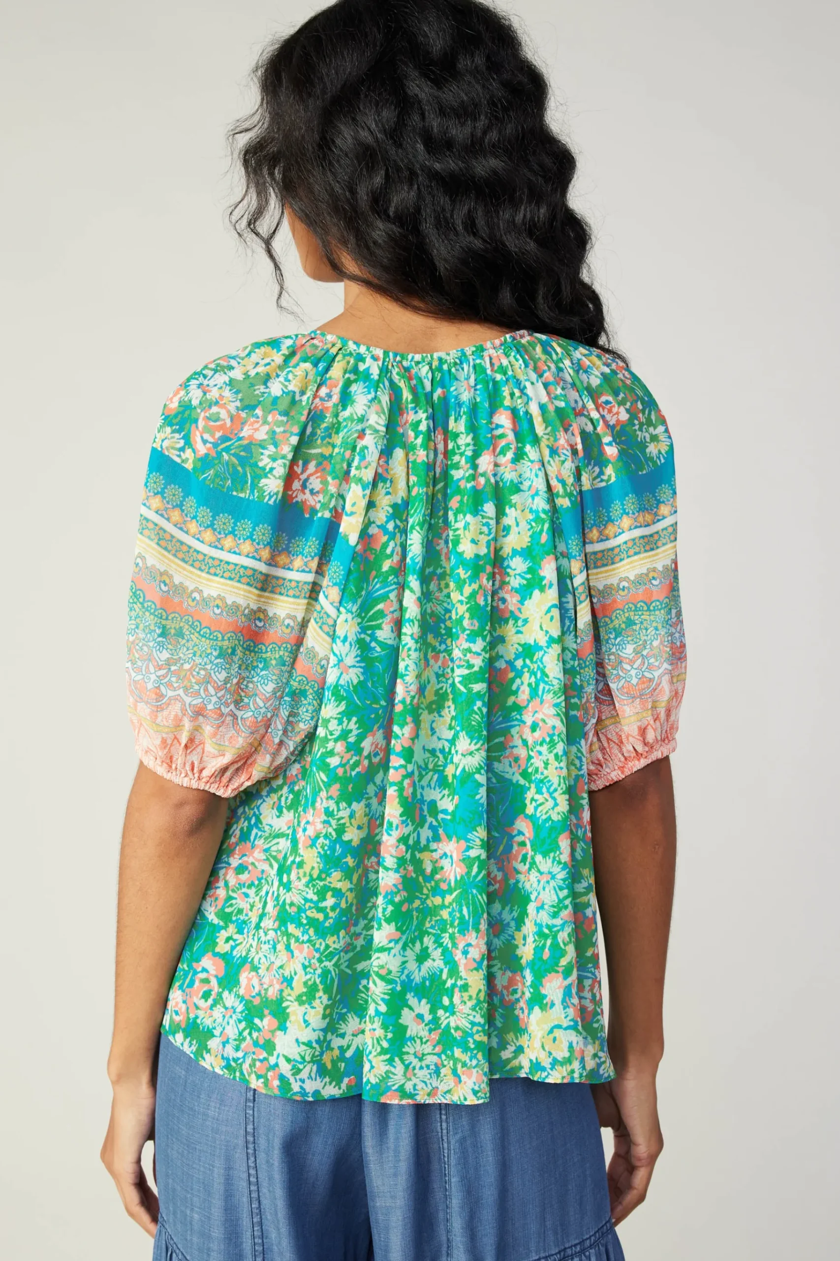 Outlet Bordered Floral Print Top Women Short Sleeve Tops