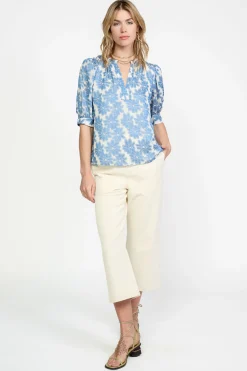 Best Botanical Jacquard Blouse Women Short Sleeve Tops