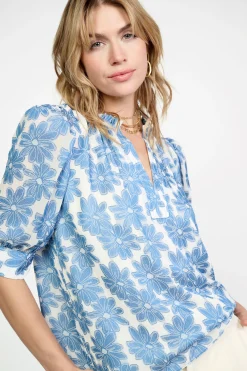 Best Botanical Jacquard Blouse Women Short Sleeve Tops