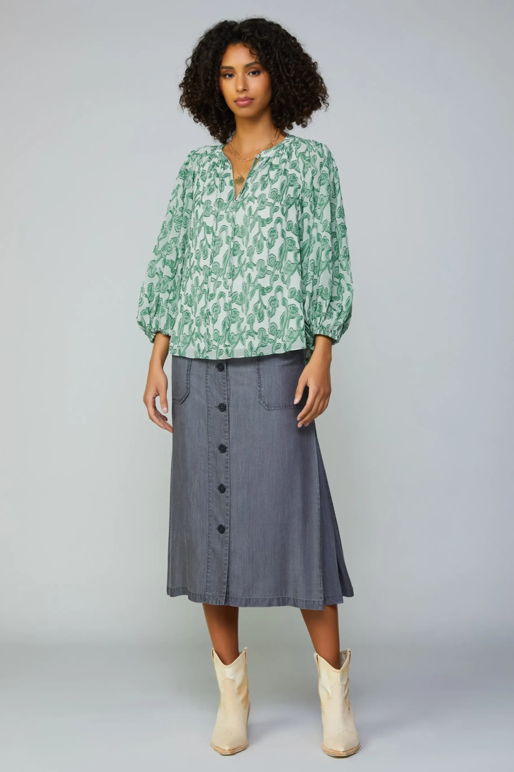 Online Botanical Jacquard Raglan Blouse Women Long Sleeve Tops