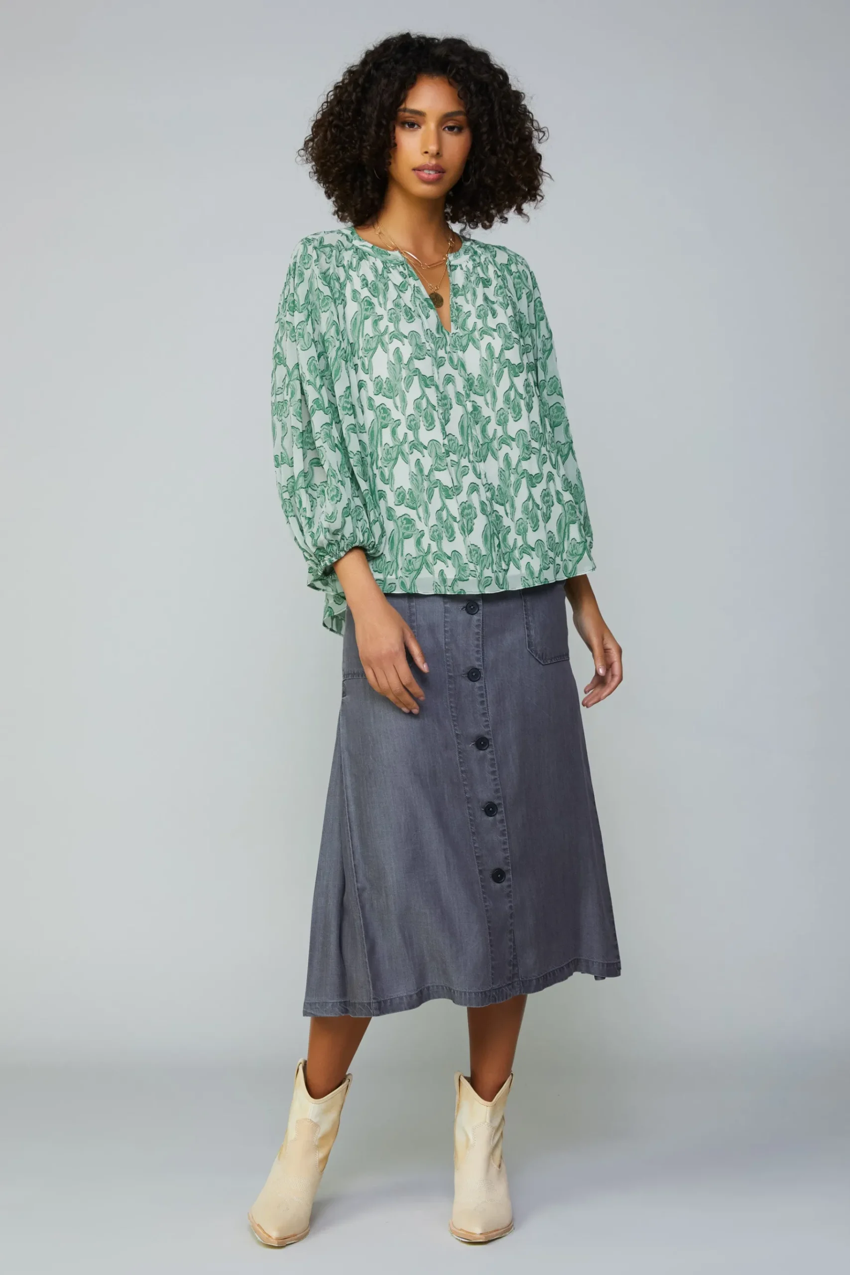 Online Botanical Jacquard Raglan Blouse Women Long Sleeve Tops