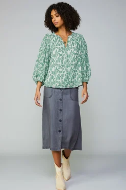 Online Botanical Jacquard Raglan Blouse Women Long Sleeve Tops