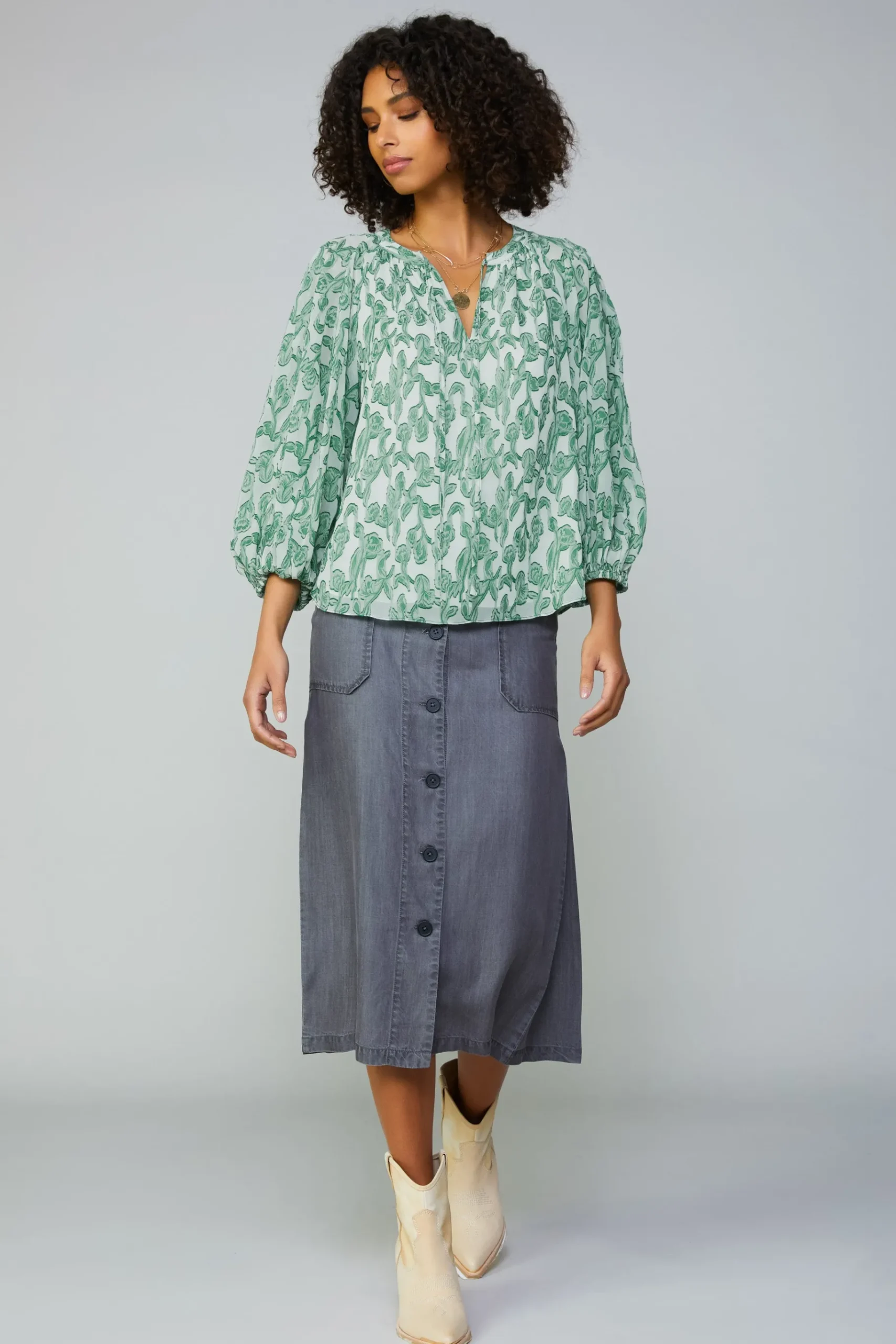 Online Botanical Jacquard Raglan Blouse Women Long Sleeve Tops