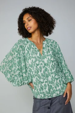 Online Botanical Jacquard Raglan Blouse Women Long Sleeve Tops