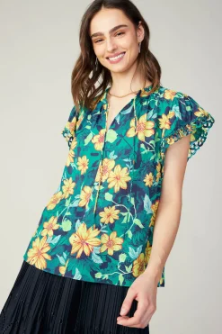 Fashion Botanical Print Eyelet Blouse Women Sleeveless Tops