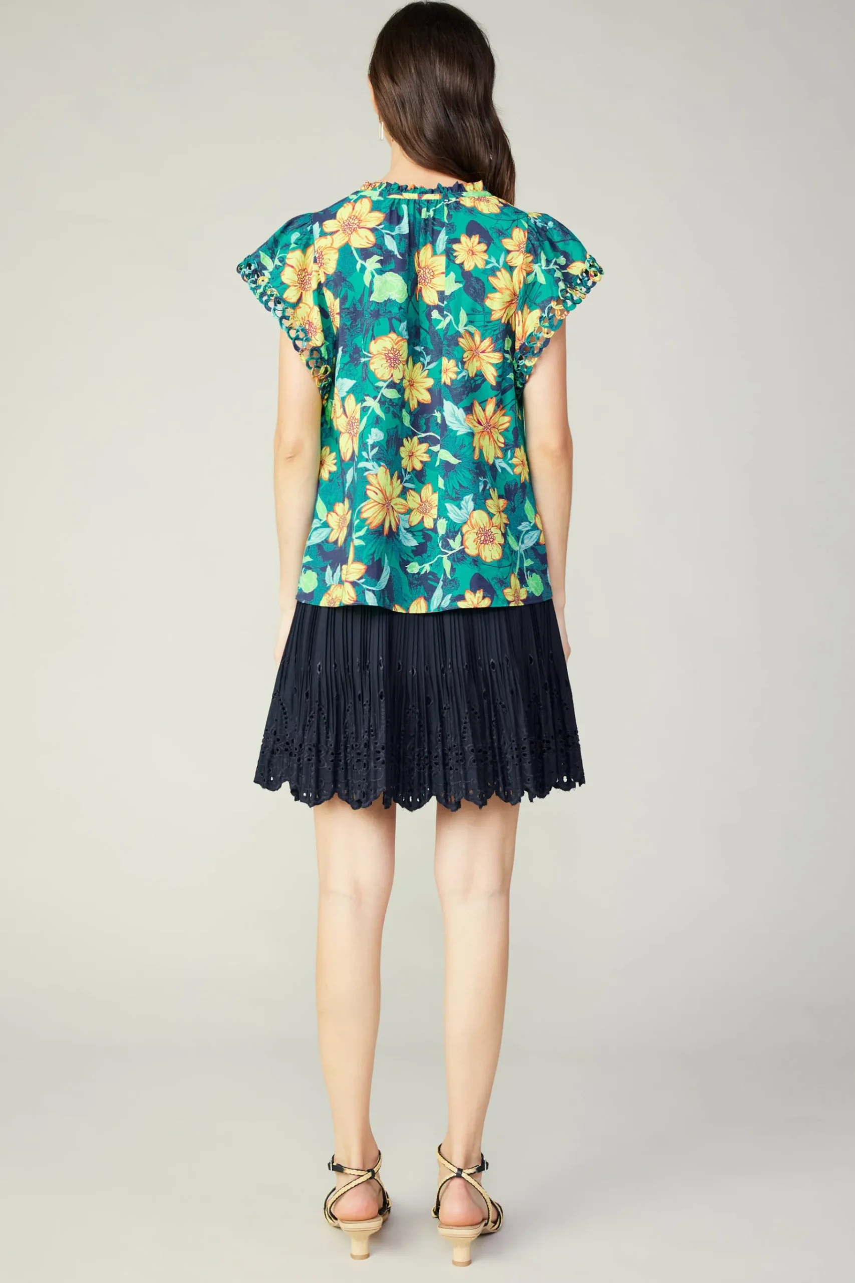 Fashion Botanical Print Eyelet Blouse Women Sleeveless Tops