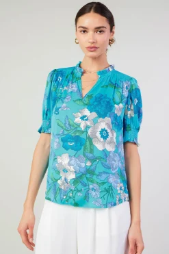 Online Botanical Smocked Shoulder Blouse Women Short Sleeve Tops