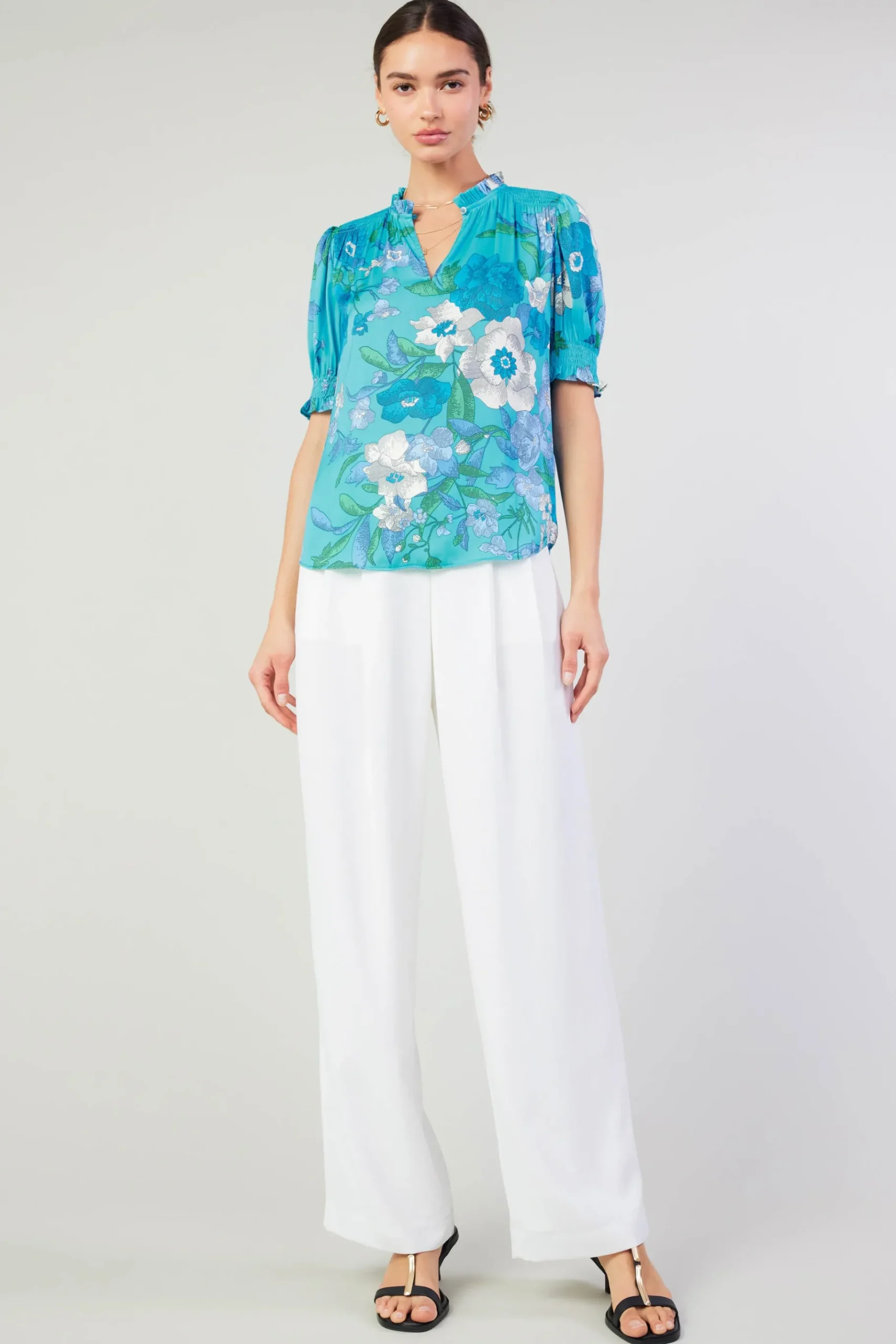 Online Botanical Smocked Shoulder Blouse Women Short Sleeve Tops