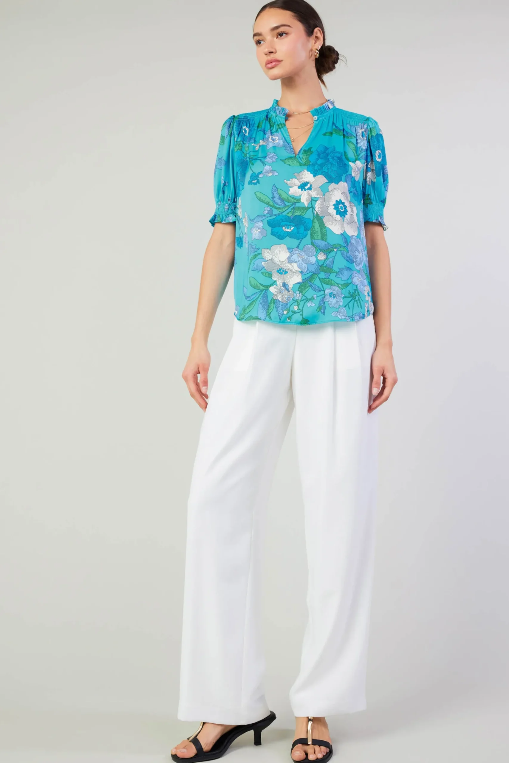 Online Botanical Smocked Shoulder Blouse Women Short Sleeve Tops