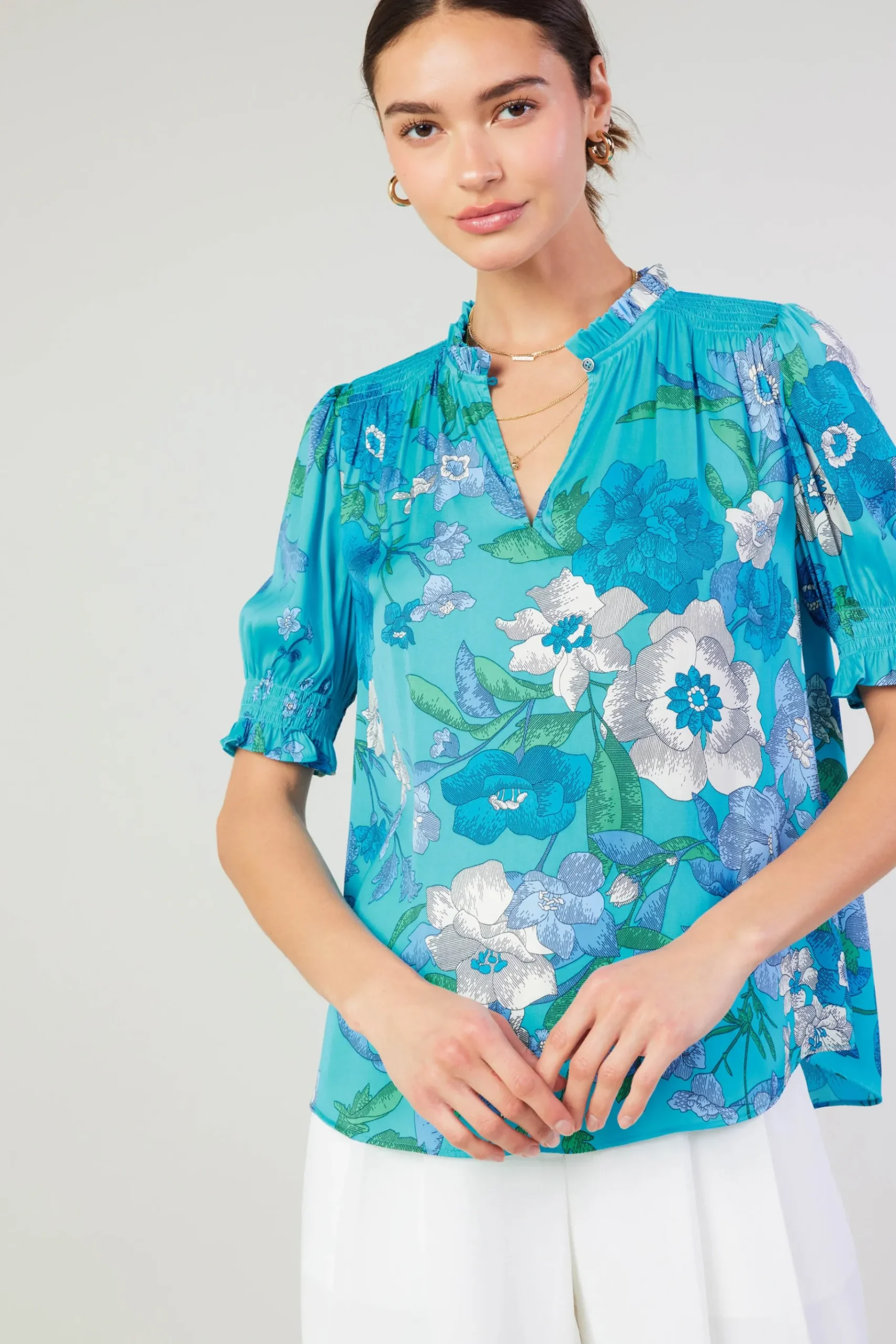 Online Botanical Smocked Shoulder Blouse Women Short Sleeve Tops