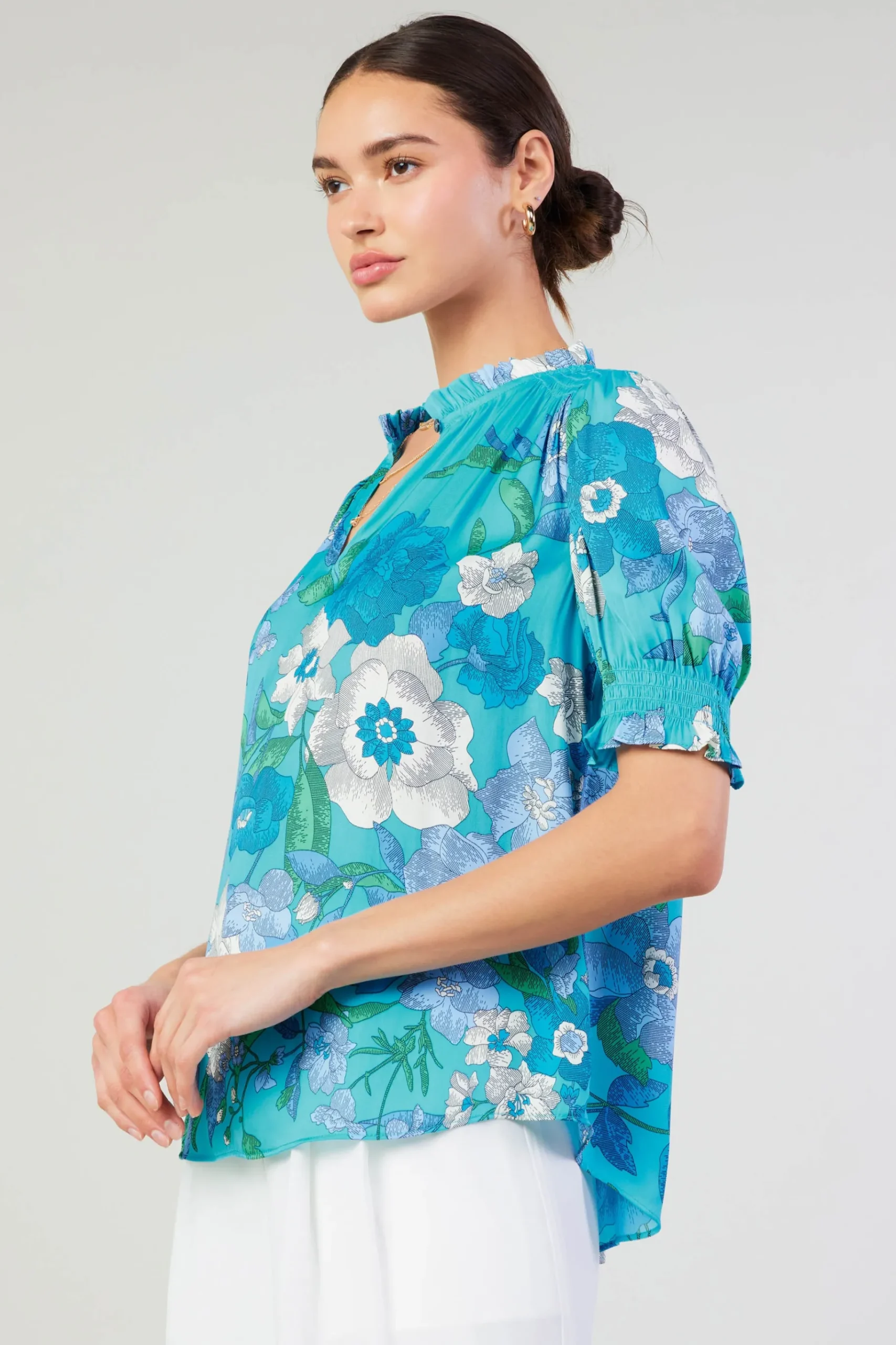 Online Botanical Smocked Shoulder Blouse Women Short Sleeve Tops