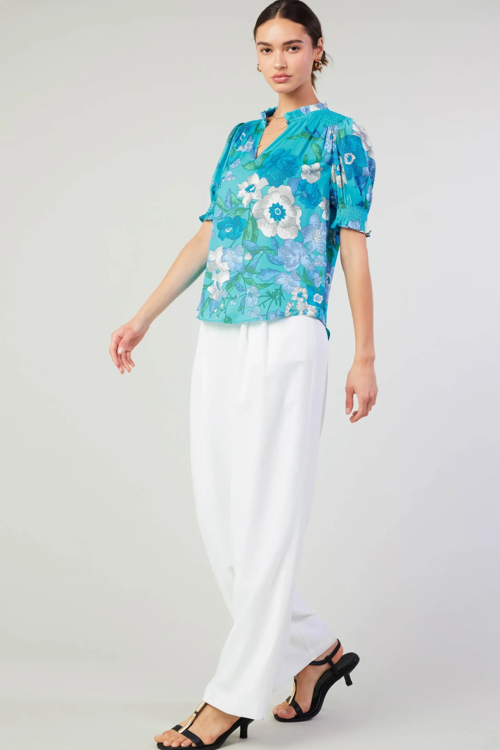 Online Botanical Smocked Shoulder Blouse Women Short Sleeve Tops
