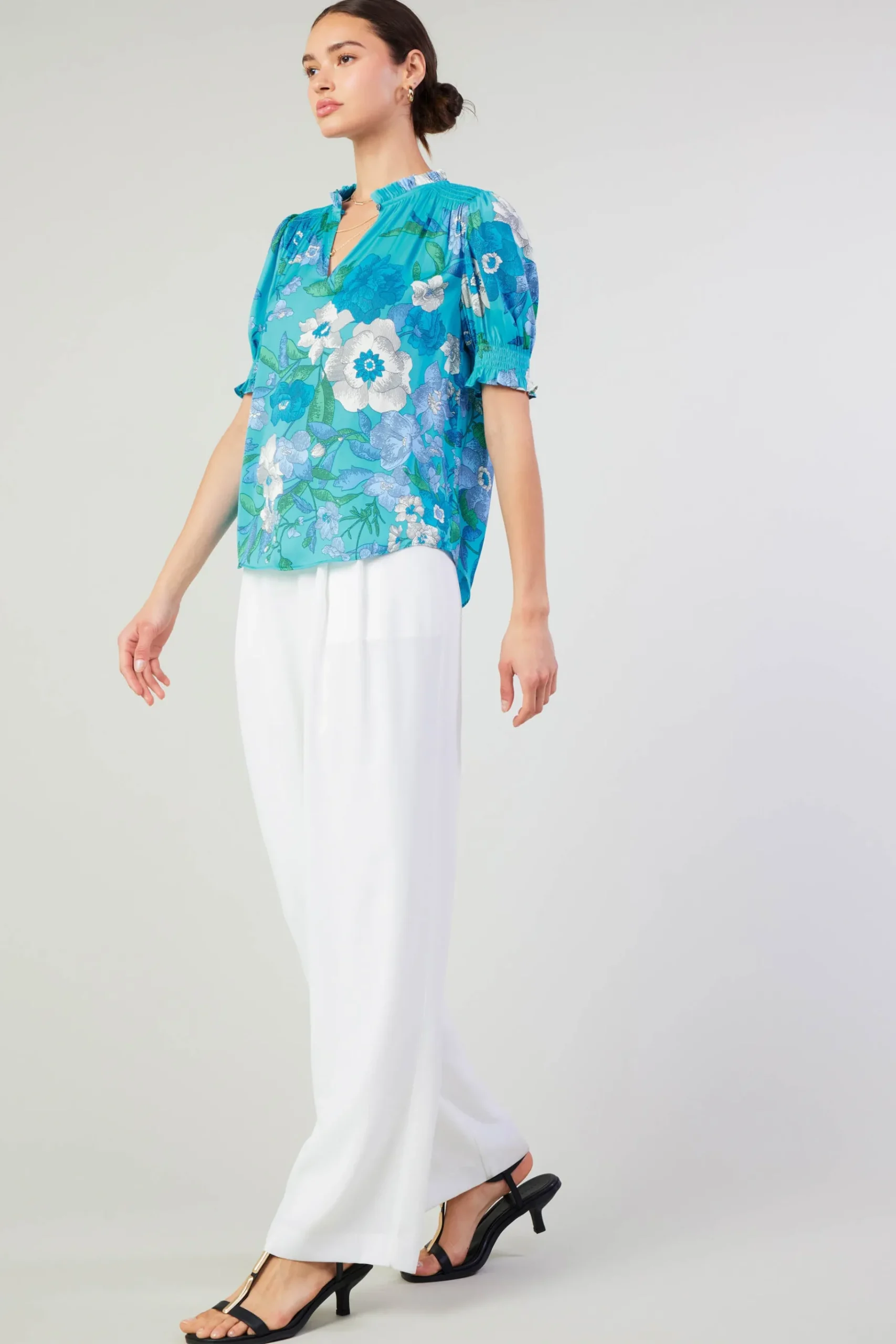 Online Botanical Smocked Shoulder Blouse Women Short Sleeve Tops
