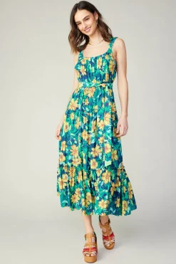 Sale Botanical Tiered Ruffle Dress Women Midi Dresses