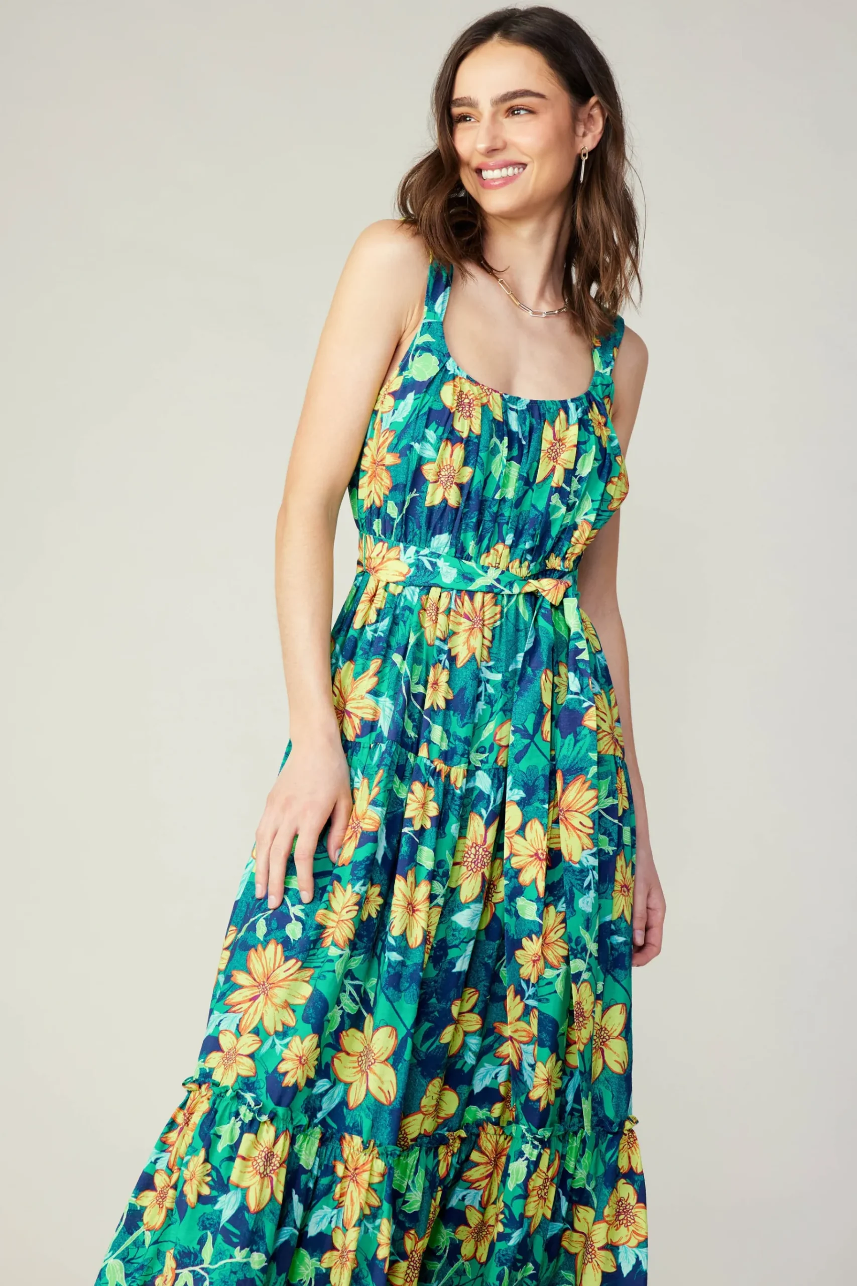Sale Botanical Tiered Ruffle Dress Women Midi Dresses
