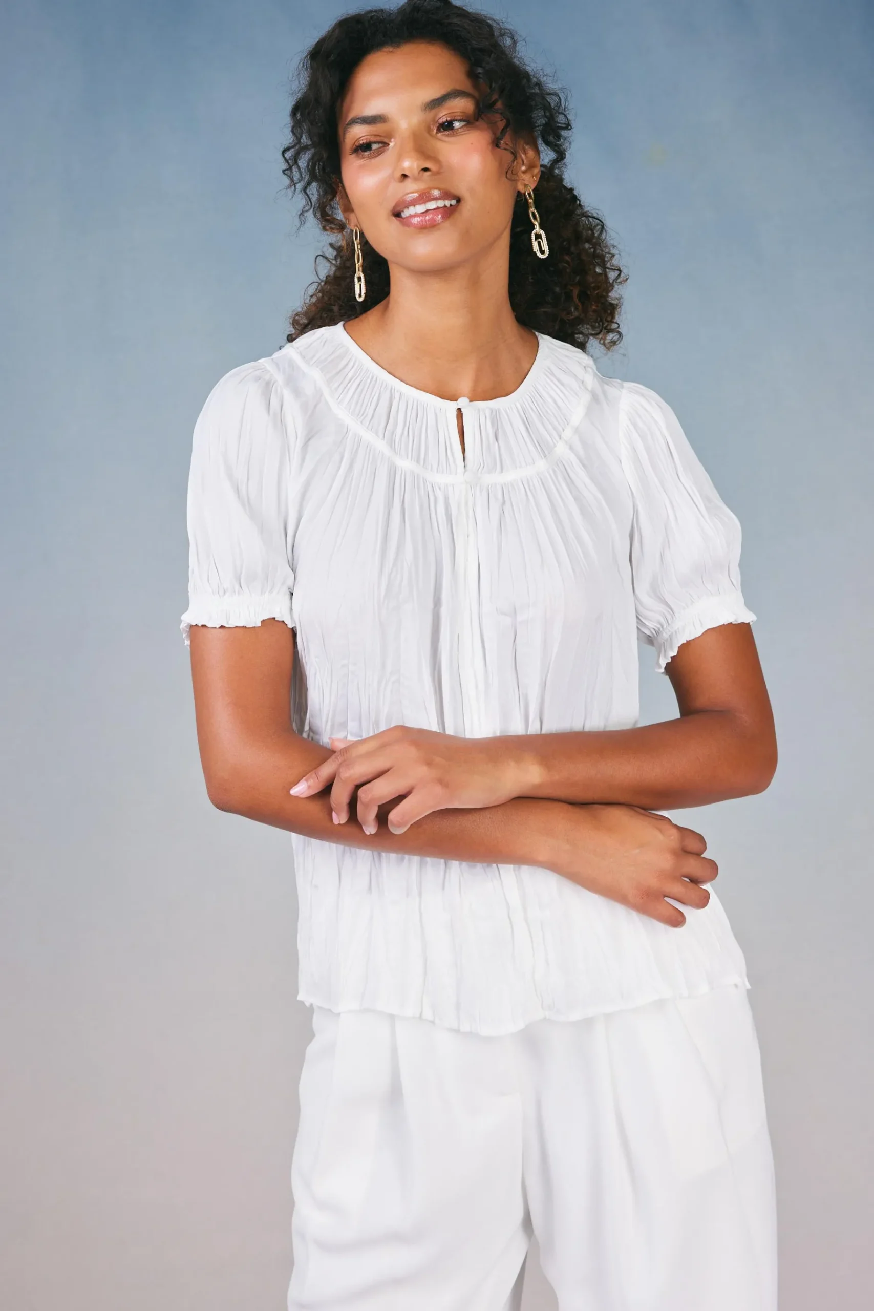 New Brooklyn Crinkle Top Women Short Sleeve Tops