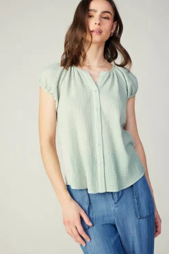 Clearance Buttoned Cotton Blouse Women Sleeveless Tops | Short Sleeve Tops